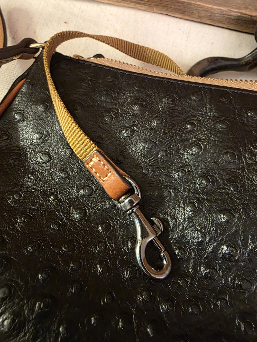 Dooney & Bourke Black Ostrich-Embossed Crossbody with Tan Trim - Picture 15 of 16